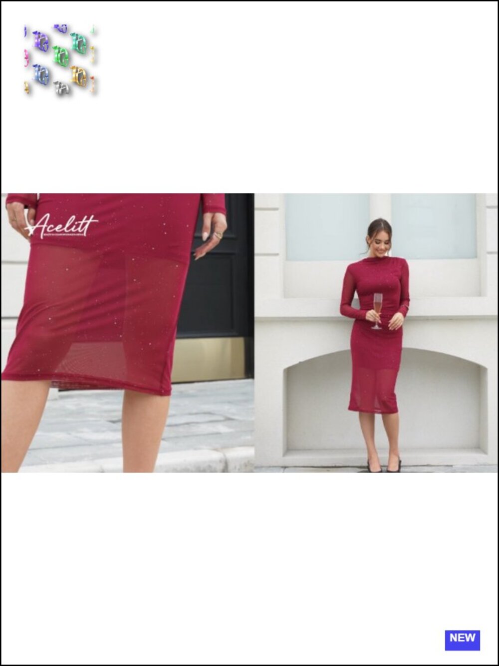 Glitter Sheer Mesh Bodycon Midi Dress, Mock Neck Long Sleeve, Ruched - Picture 3 of 3